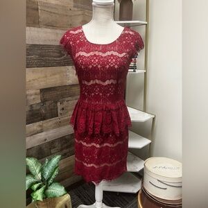 Anthro Maeve Dark Red Lace Peplum Dress